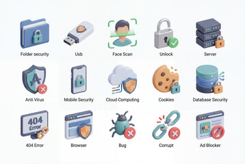 Internet security and cloud computing isometric 3d icon collection isolated on white background. Digital network protection including server, database, virus scan and mobile