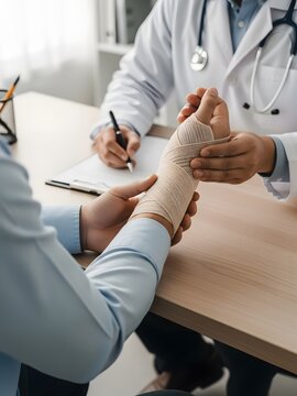 Close up of Doctor Hands Examining Patient Bandaged Wrist and Hand During Medical Consultation in Clinic