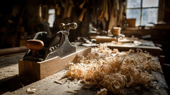 jointer. Woodworking jointer plane on rustic bench surrounded by fresh wood shavings. tutorial guides, club newsletters, designed for sports & leisure club marketing, used by recruiters.