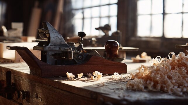 jointer. Woodworking jointer plane on rustic bench surrounded by fresh wood shavings. tutorial guides, club newsletters, designed for sports & leisure club marketing, used by recruiters.