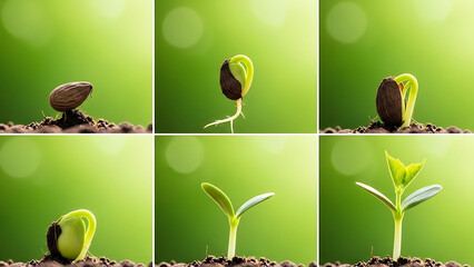 Sequential stages of plant growth, illustrating a seed sprouting from fertile soil and developing into a vibrant green seedling. A detailed view of nature's remarkable life cycle
