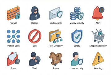 Internet security and cyber safety isometric 3d icon collection isolated on white background. Digital protection gear including firewall, hacker, mail security and warning sign