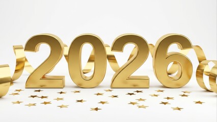 Golden 2026 numbers with confetti and ribbon on white background