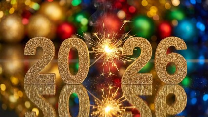 Golden numbers year 2026 celebration with sparklers and ornaments