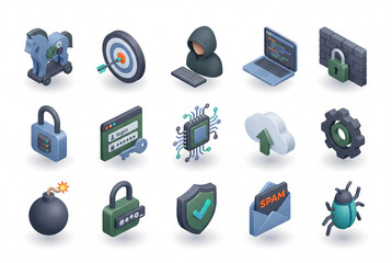 Cyber security and hacker activity isometric 3d icon collection isolated on white background. Digital protection and threats including firewall, hacker, shield and laptop