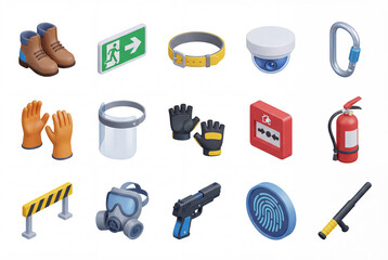 Job safety and security equipment isometric 3d icon collection isolated on white background. Industrial protection gear including fire extinguisher, cctv, gas mask and boots