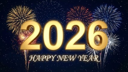 Golden 2026 happy new year text with fireworks display celebration