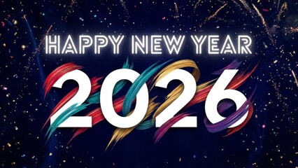 Happy new year 2026 celebration glowing text and fireworks