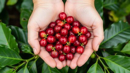 Freshly harvested vibrant red coffee cherries cupped gently in hands, showcasing the natural bounty and rich agricultural produce ready for processing into aromatic coffee beans