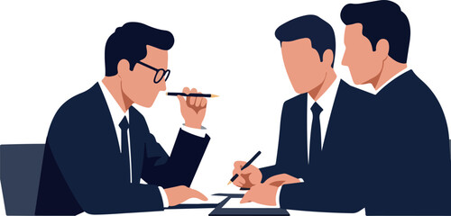 Business Meeting With Three Men In Dark Suits Discussing Documents