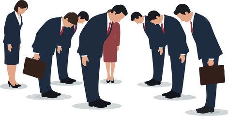 Business People Bowing Deeply In Dark Suits With Red Ties And Briefcases White Background