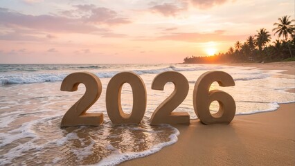 New year 2026 celebration on a tropical beach at sunset