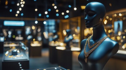 A modern luxury jewelry store setting with multiple mannequin displays showcasing  on blurred background