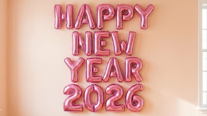 Shiny pink balloons form happy new year 2026 message on wall