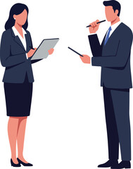 Business Professionals In Dark Suits Discussing Work With Clipboards