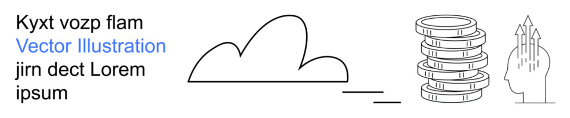 Cloud computing, digital storage, innovation, technology solutions, data management, and network design. Minimalist cloud, stacked disks and a figure with arrows. Cloud computing and digital storage