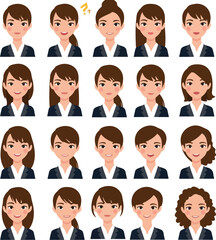 Business Woman Avatar Set Dark Blue Suit Pixel Art Portrait Vector