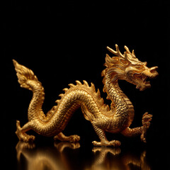 Fototapeta premium Golden dragon sculpture in detailed design against black background, Chinese New Year 