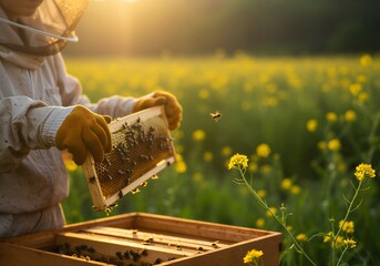 자연 속 양봉 작업 장면, 벌통에서 꿀을 수확하는 양봉가