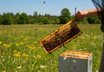 자연 속 양봉 작업 장면, 벌통에서 꿀을 수확하는 양봉가