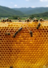 자연 속 양봉 작업 장면, 벌통에서 꿀을 수확하는 양봉가