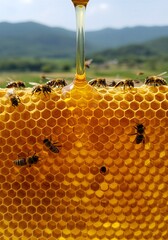 자연 속 양봉 작업 장면, 벌통에서 꿀을 수확하는 양봉가