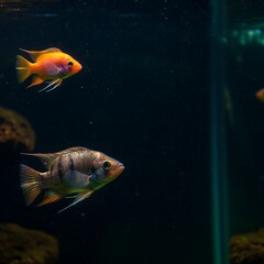 어두운 수조에서 빛나는 관상어 실루엣 사진