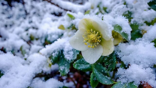 Close up of a Beautiful White Hellebore Flower Blooming in Winter Snow, Surrounded by Green Leaves.