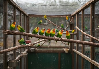 깨끗한 앵무새 사육장에서 쉬고 있는 모란앵무새들
