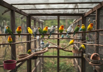 깨끗한 앵무새 사육장에서 쉬고 있는 모란앵무새들