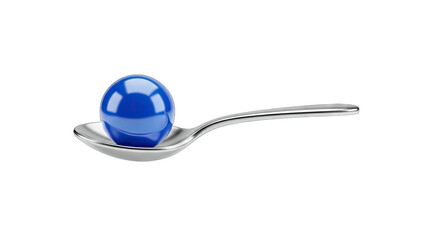 Blue Sphere Balanced on a Spoon Against White Background