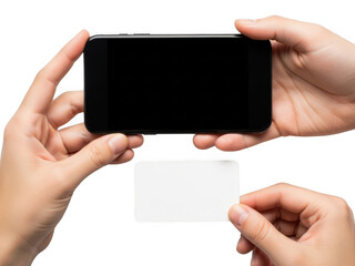 Obraz premium Hands holding smartphone and screen protector isolated on transparent background