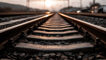 Train tracks converge towards the horizon at dusk.