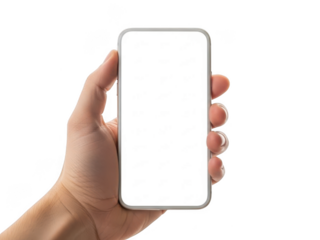 Hand holding blank smartphone isolated on transparent background