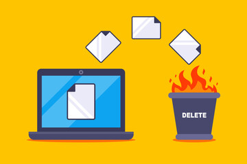 Permanently deleting files from a computer. Flat illustration.