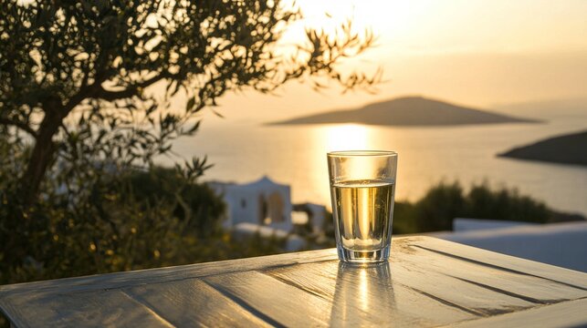 ouzo. Aegean Sea balcony at sunset with ouzo glass reflecting the golden hour light. inspiring travel planning, bar promotions, designed for food & beverage menus and cafe branding.