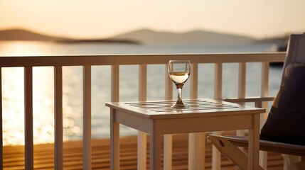 ouzo. Aegean Sea balcony at sunset with ouzo glass reflecting the golden hour light. inspiring travel planning, bar promotions, designed for food & beverage menus and cafe branding.