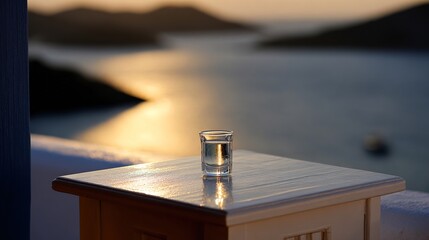 Obraz premium ouzo. Aegean Sea balcony at sunset with ouzo glass reflecting the golden hour light. inspiring travel planning, bar promotions, designed for food & beverage menus and cafe branding.