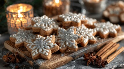 Fototapeta premium Festive star-shaped cookies decorated with white icing and glitter adorn a wooden board.