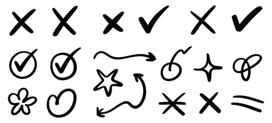 Hand Drawn Chalk Black Exam Marks Set, a vector collection of textured grade symbols including check marks