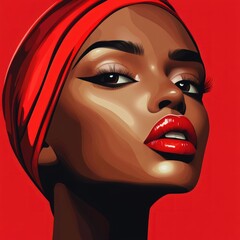 Striking woman with vibrant red headwrap and bold makeup