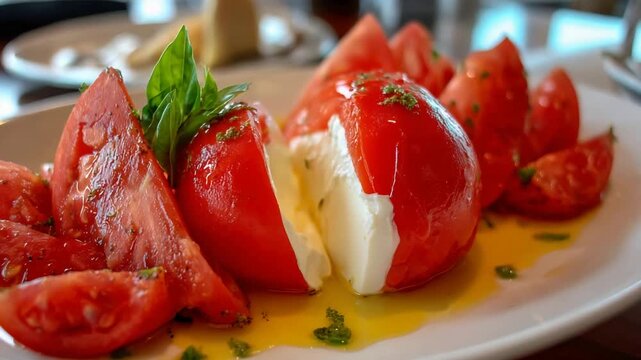 Delicious traditional Italian Caprese salad with ripe tomatoes, creamy mozzarella, and fragrant basil leaves.