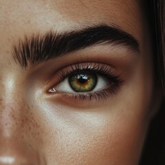 Close-up of a striking human eye with green and brown hues