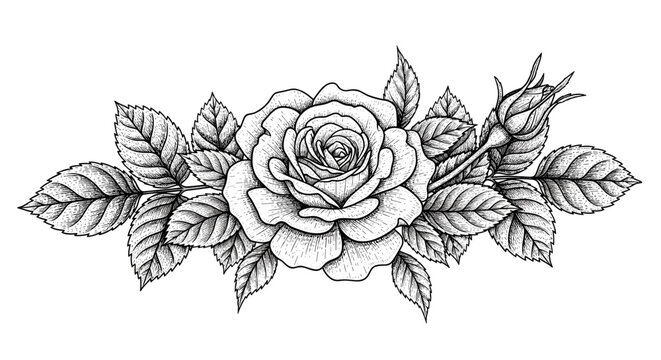 Exquisite vintage engraving style rose illustration with a central bloom, buds, and detailed leaves, perfect for historical botanical or decorative art.