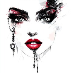 Dramatic stylized face, vibrant red lips, intense eye makeup