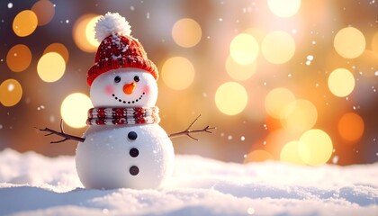 Fototapeta premium A cute, cheery snowman with a red knit hat and scarf, standing in snow with a bokeh background