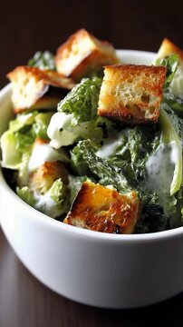 Delicious Fresh Green Caesar Salad with Crispy Golden Croutons and Creamy Dressing.