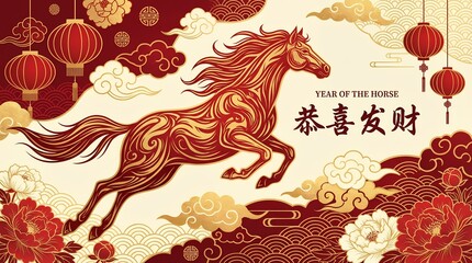 Year of the Horse Chinese New Year Celebration with Red Lanterns and Flowers.