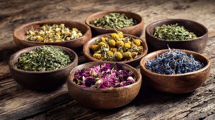 Fototapeta premium Variety of Herbal Tea Leaves in Bowls.