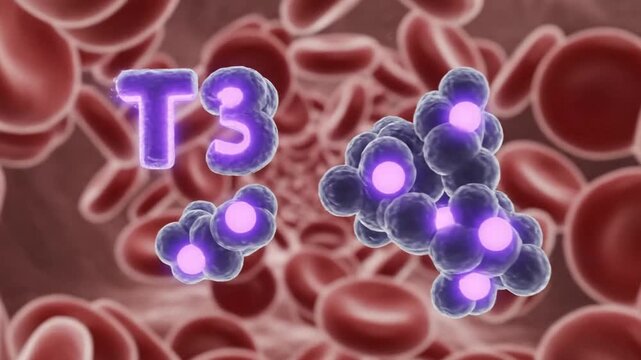Triiodothyronine T3 Hormone Molecule and Red Blood Cells Microscopic View Medical Animation Illustrating Thyroid Function and Metabolism